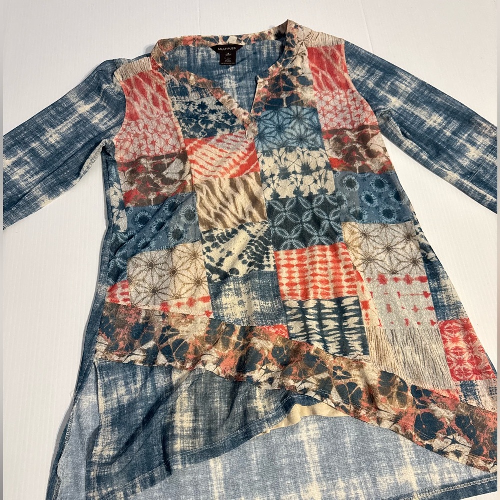 Multiples women's Artsy Mesh Boho Hi-Lo Hem Patchwork Long Sleeve Tunic Large